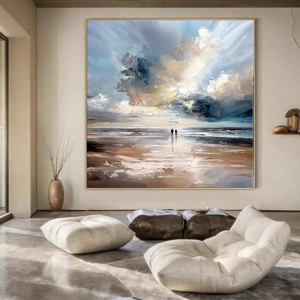 Blue, White, Gray with Beach Scene "Beach Serenity" Impressionist Painting On Canvas PS1329