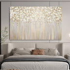 “Golden Floral Forest” - Gray, Gold & White Floral, Impressionistic Oil Painting On Canvas DKS787