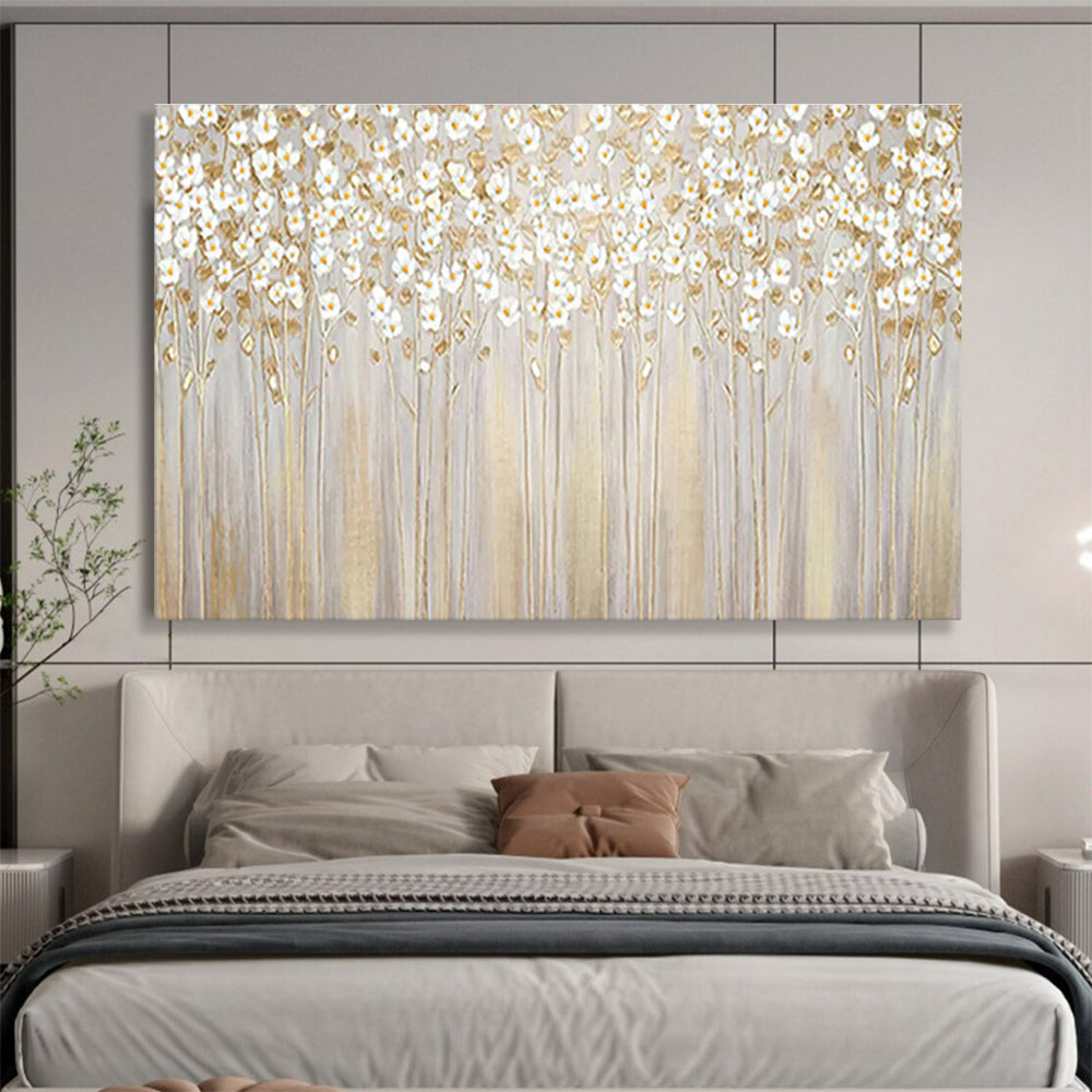 “Golden Floral Forest” - Gray, Gold & White Floral, Impressionistic Oil Painting On Canvas DKS787