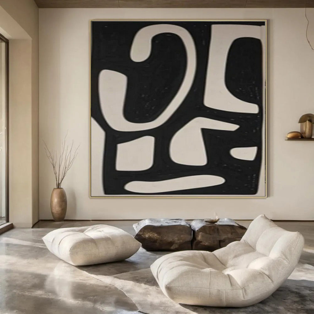 Black and White Flowing Shapes "Rhythmic Abstraction" Abstract Painting On Canvas PS1076