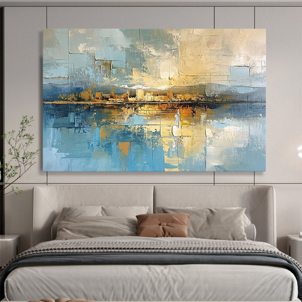“Blue - Gold Abstract Cityscape” - Reflective Blue “Urban Reflections” Painting On Canvas PT1640