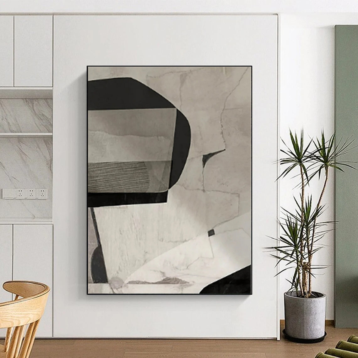 “Grayscale Collage - like Abstraction” - Black, White, Gray Abstract Collage - style Painting On Canvas PS0558