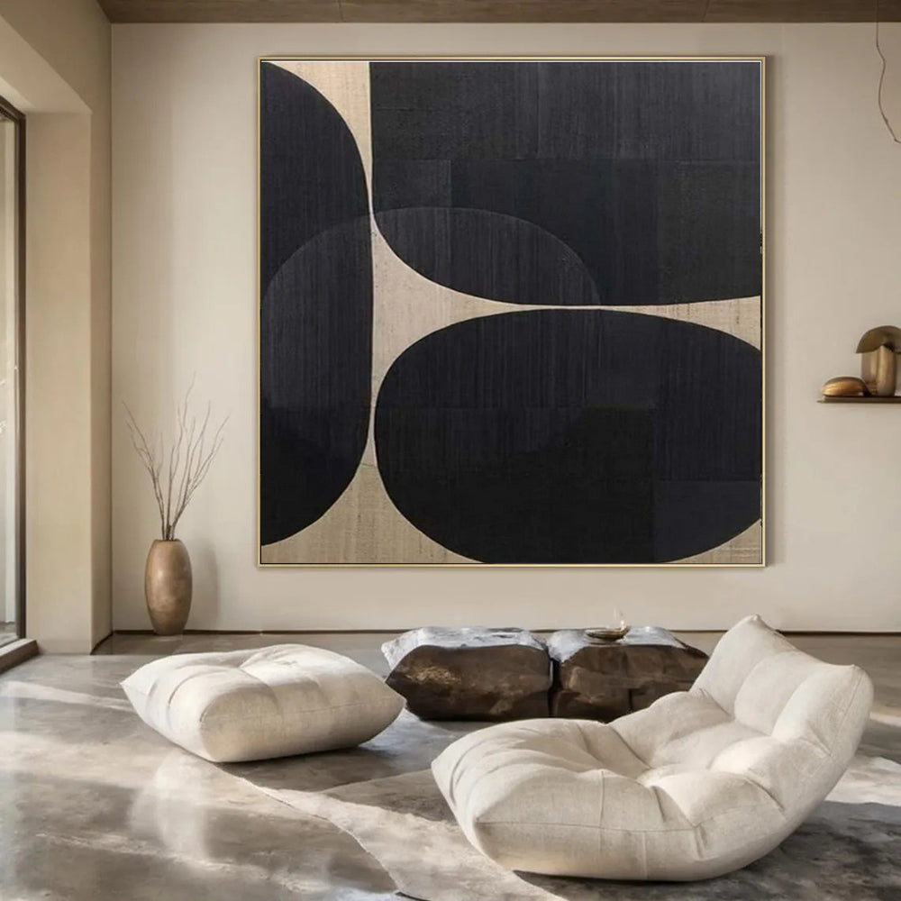 Black, Beige with Overlapping Circles "Geometric Harmony" Abstract Painting On Canvas PS1474