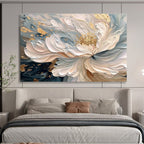 “Elegant Gilded Bloom” - Soft Blue, White & Gold Floral, 3D - Textured Flower Art Painting On Canvas DKS682