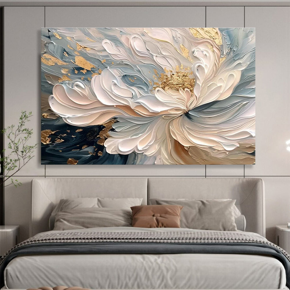 “Elegant Gilded Bloom” - Soft Blue, White & Gold Floral, 3D - Textured Flower Art Painting On Canvas DKS682