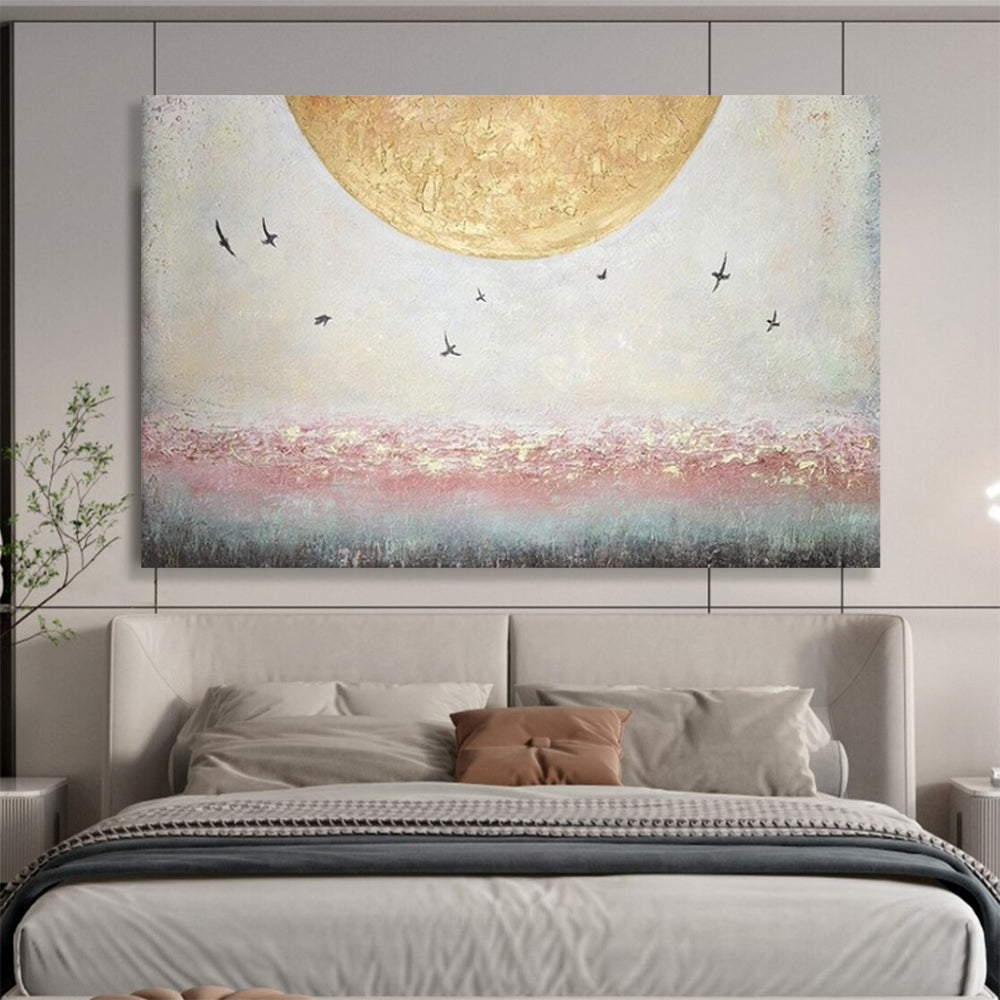 “Golden Moon with Flying Birds” - Impasto Sky - scape - Painting On Canvas PT1773