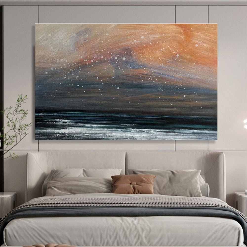 Orange and Grey Sky Over Dark Sea with Snow Seascape Painting On Canvas DKS110