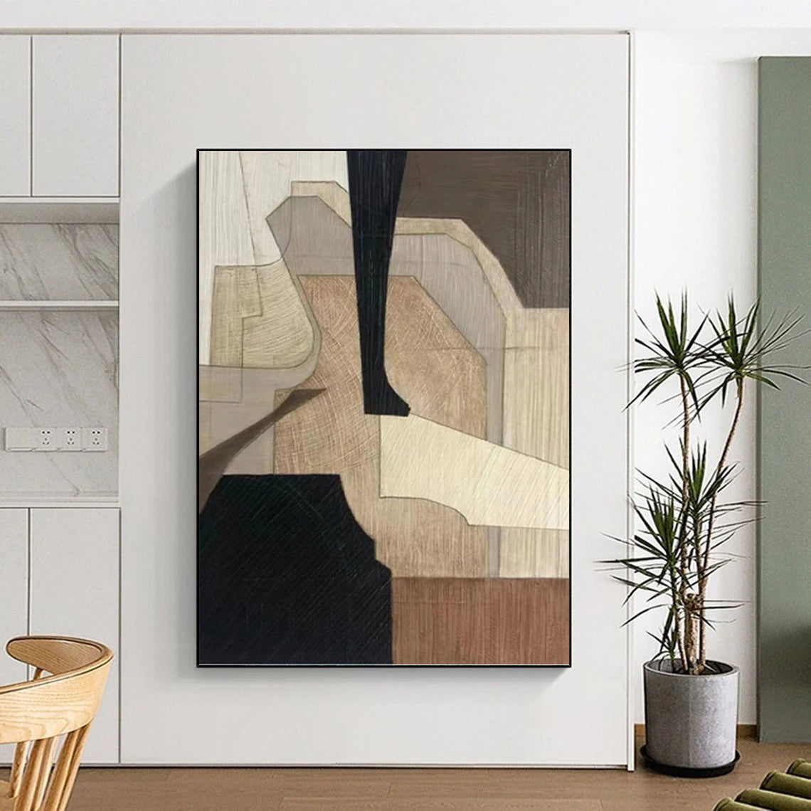 “Wood - Toned Geometric Abstraction” - Brown and Beige Geometric Painting On Canvas PT1071