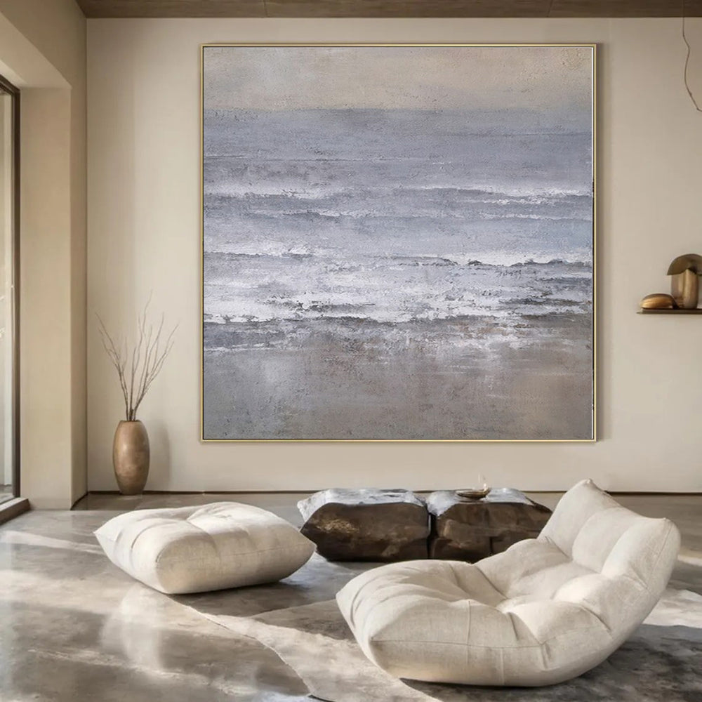 Gray, White and Beige with Textured Ocean Waves "Muted Surf" Abstract Landscape Painting On Canvas PS1161