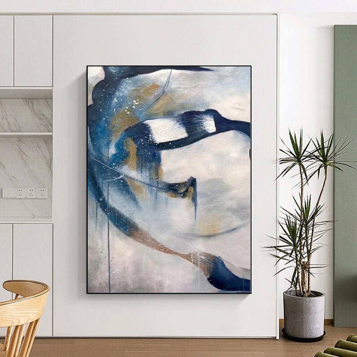 “Blue - Gold - White Abstract Flowing Shapes” - Graceful Abstract Painting On Canvas PS0312