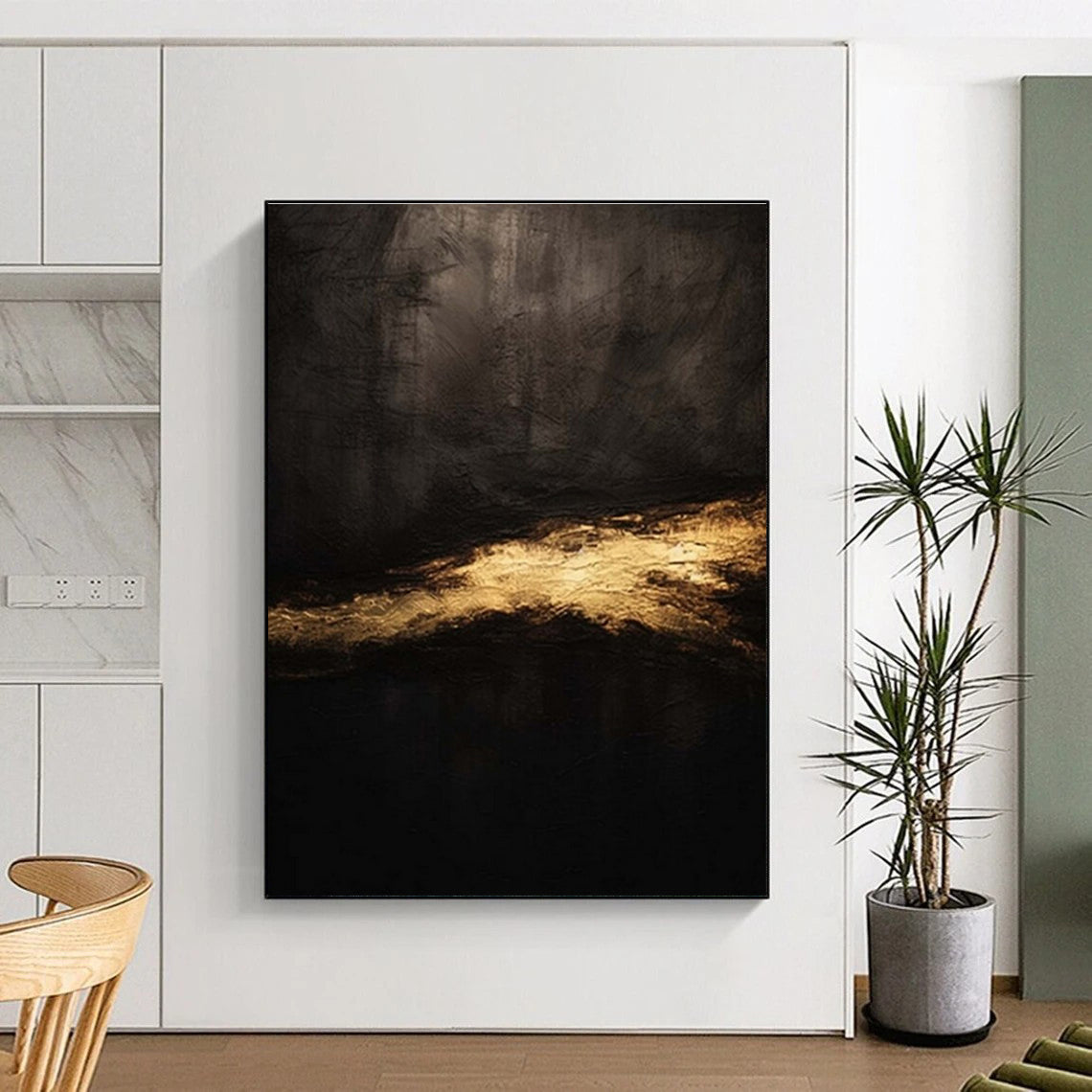 “Dark & Golden Mystery” - Black, Gold Abstract Minimalist Painting On Canvas PS0686