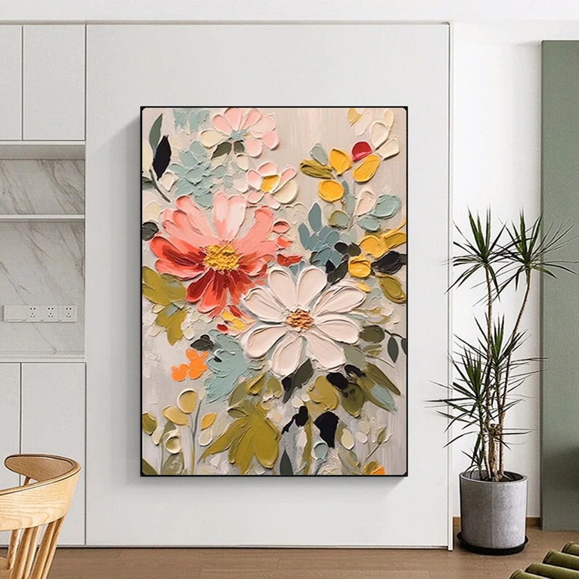Impasto Floral Mix of Coral, White, Greens, Matisse - Inspired, Floral Painting On Canvas PT2128