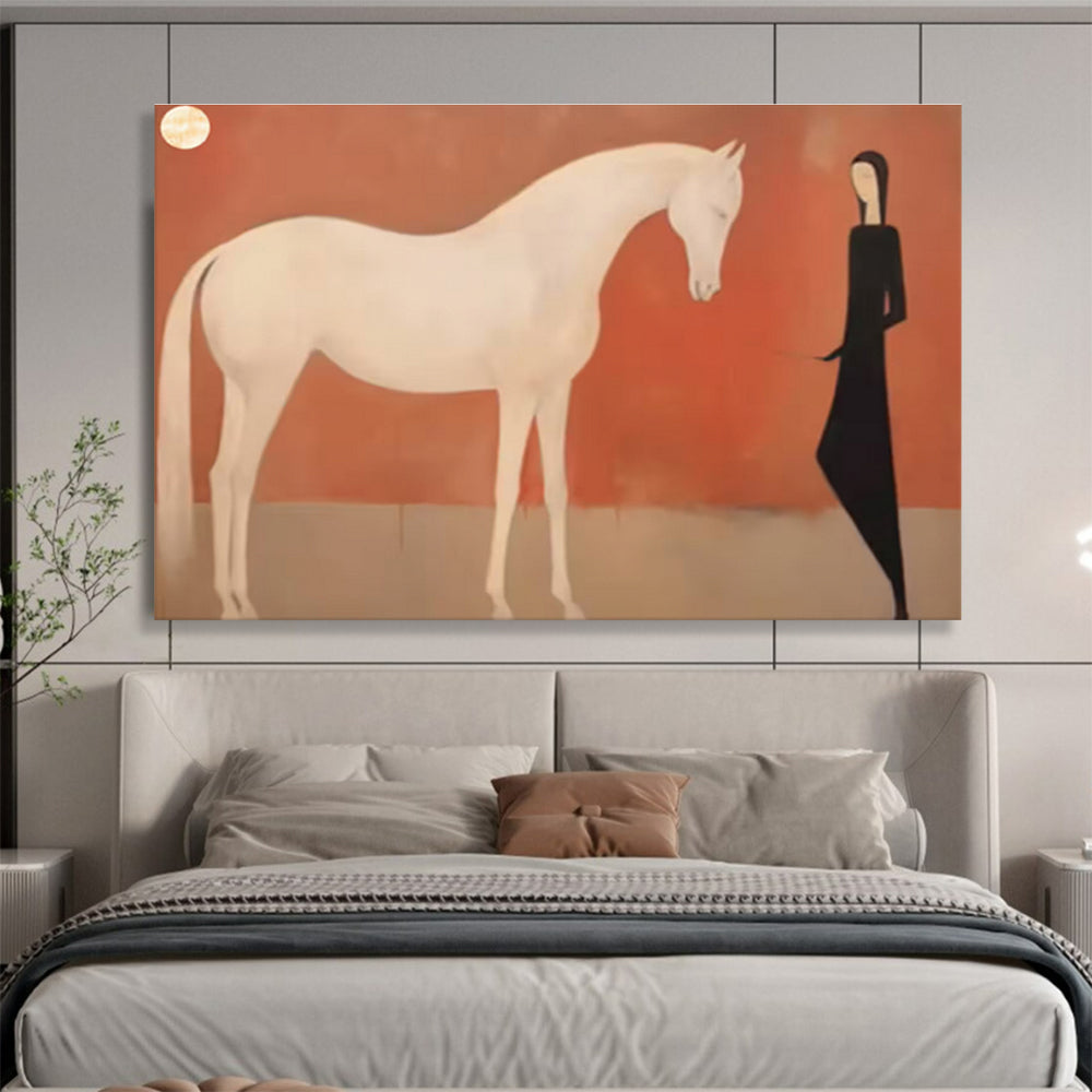 “Woman And Horse Silhouette” - Red, White & Black Figurative, Minimalist Painting On Canvas DKS730