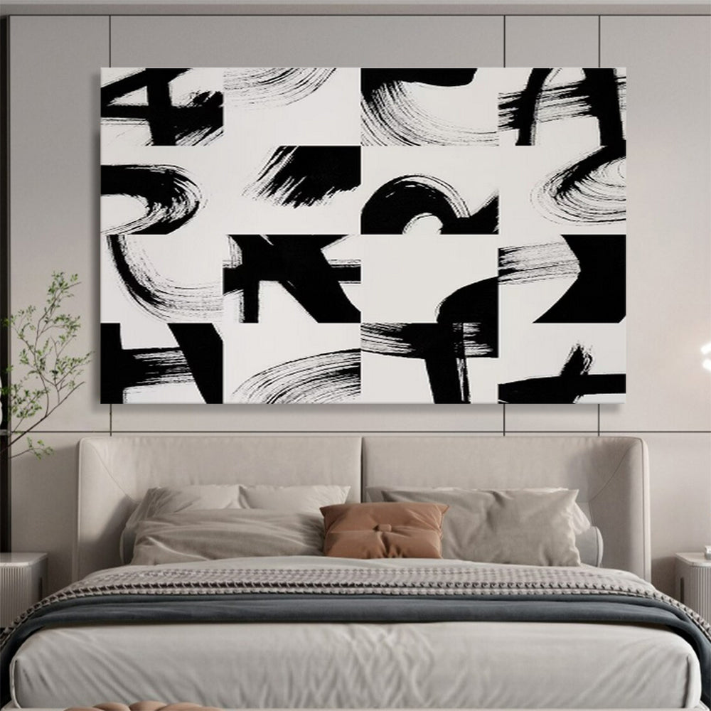 “Geometric Black - White Brushstrokes” - Modern Abstract Painting On Canvas DKS447