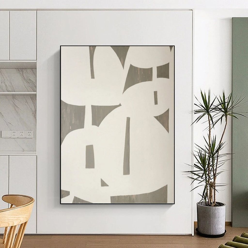 “Grey - White Geometric Cutouts” - Modern Abstract Shape Painting On Canvas PT1075