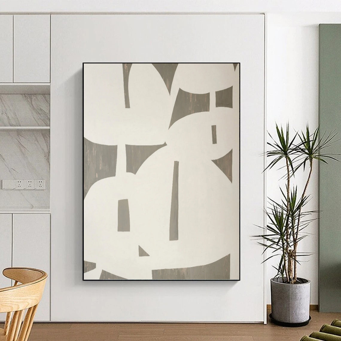 “Grey - White Geometric Cutouts” - Modern Abstract Shape Painting On Canvas PT1075