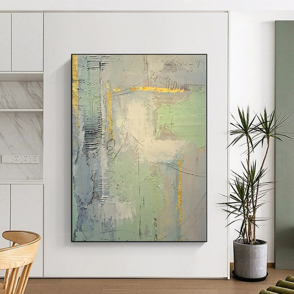 “Grey - Green with Golden Accents Abstract Textures” Painting On Canvas PS0374