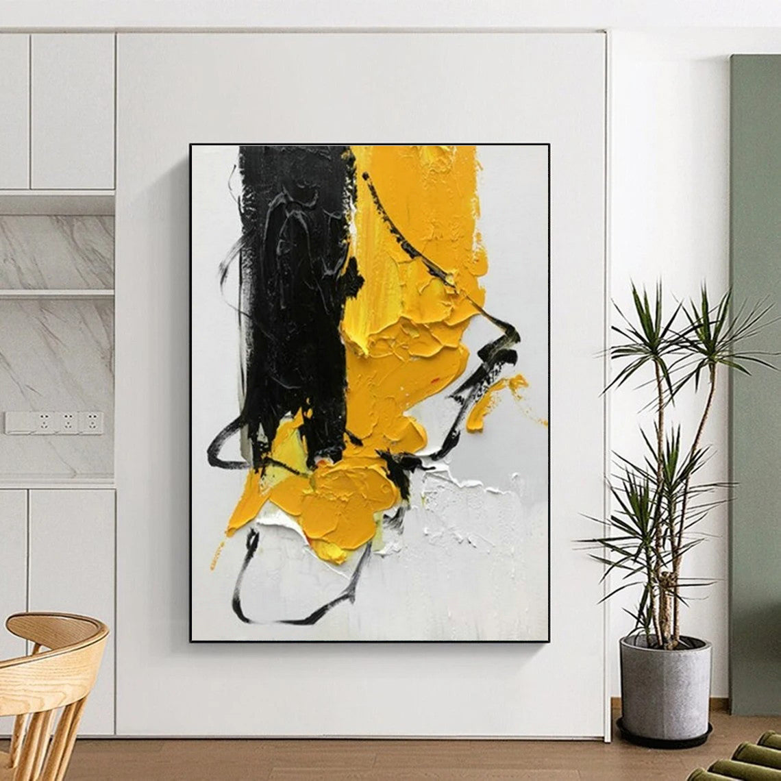 “Black - Yellow Textured” - Black, Yellow Abstract Textured Painting PS0606