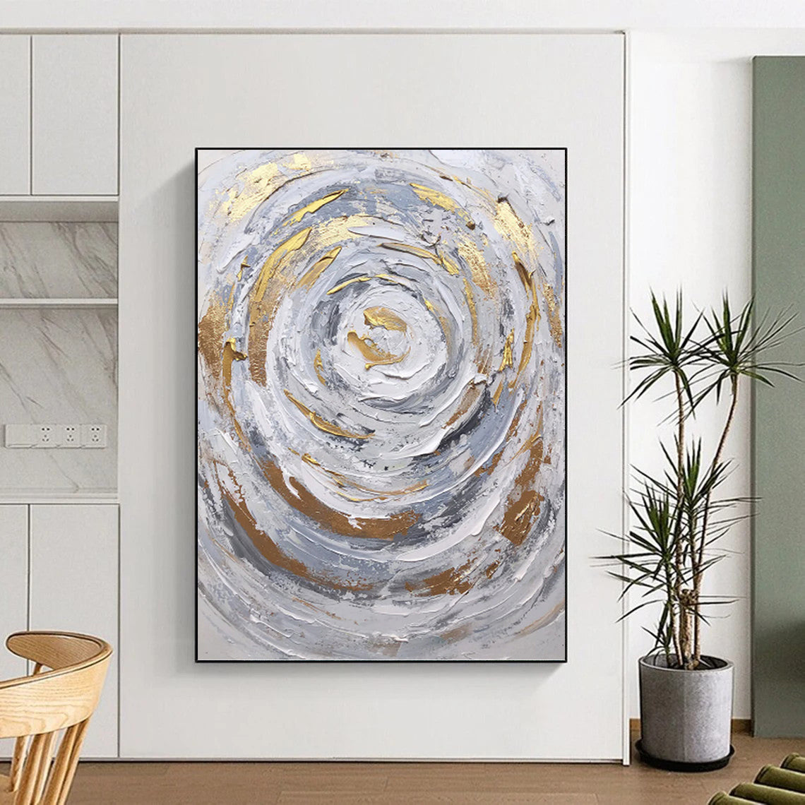 “Grey - Gold Swirl” - Textured Abstract Painting On Canvas PT1286