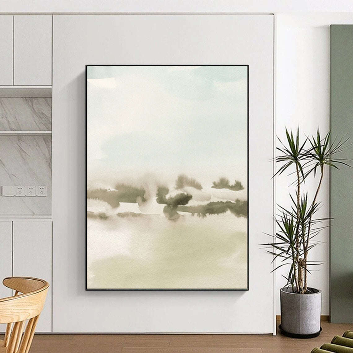 “Soft Green - Gray Watercolor Landscape” - Watercolor Abstract Painting On Canvas PT1963