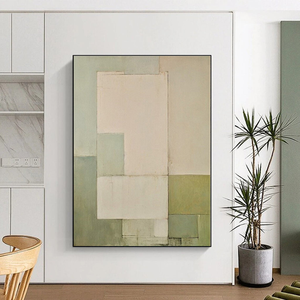 “Pale Green Geometry” - Pale Green, Beige Abstract Geometric Painting On Canvas PS0399