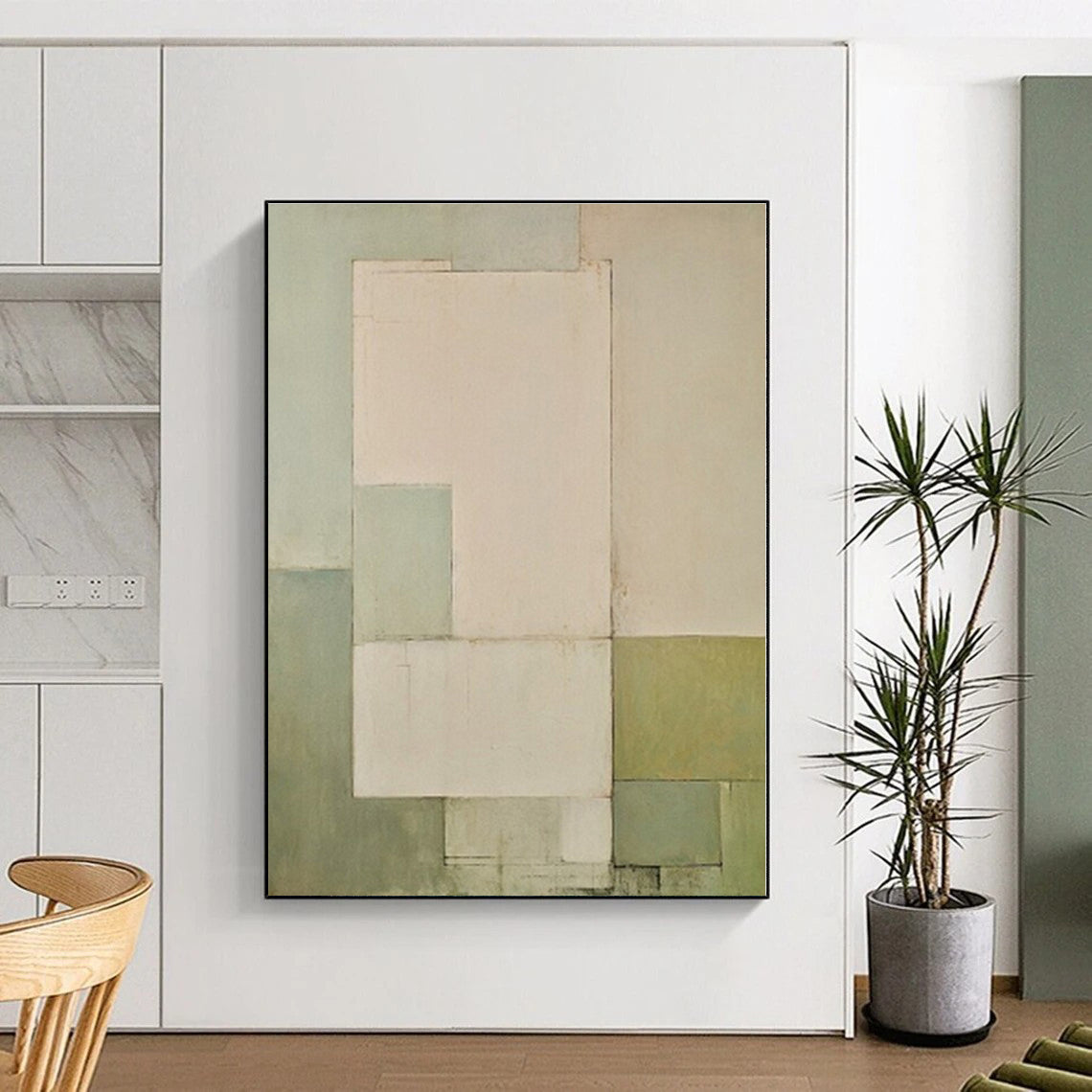 “Pale Green Geometry” - Pale Green, Beige Abstract Geometric Painting On Canvas PS0399