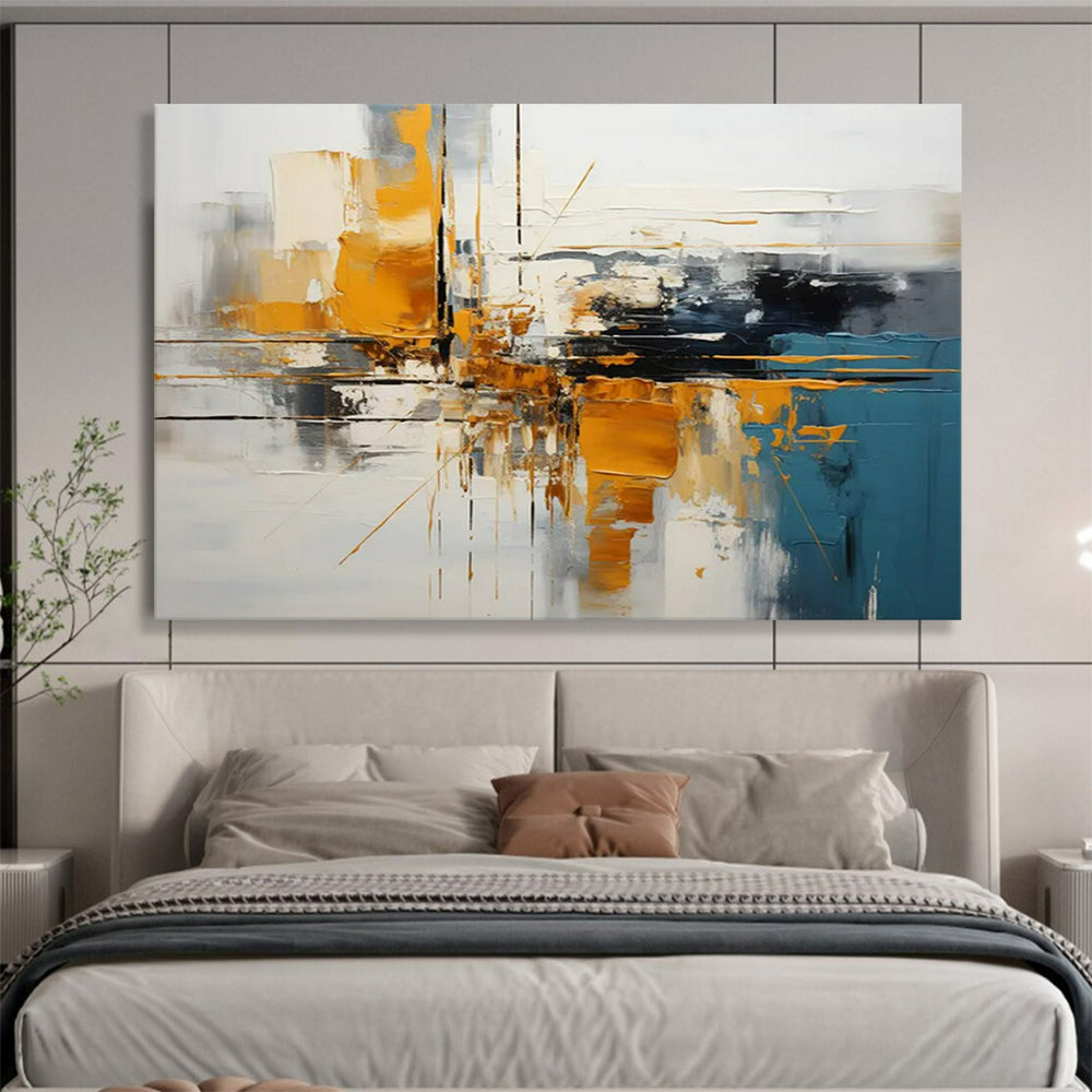 “Gold - Blue Abstract Cityscape” - Abstract Modernist - Painting On Canvas PT1753