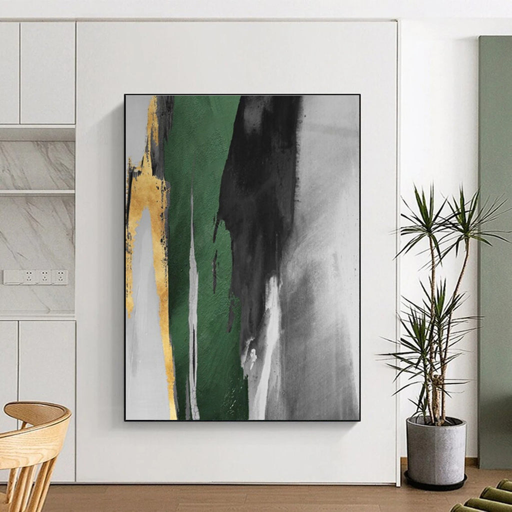 “Green - Gold Abstract Streaks” - Green, Gray, Gold, White Abstract Gestural Painting On Canvas PS0637