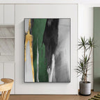 “Green - Gold Abstract Streaks” - Green, Gray, Gold, White Abstract Gestural Painting On Canvas PS0637