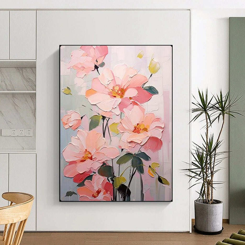 Pink Peach Blooms with Impasto Texture, Inspired by Claude Monet's Style, Floral Painting On Canvas PT2123