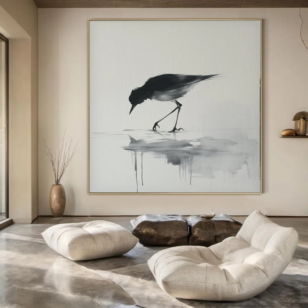 Black - White Bird Reflection, "Ink Bird" – Minimalist Ink - Style Painting On Canvas PS0933