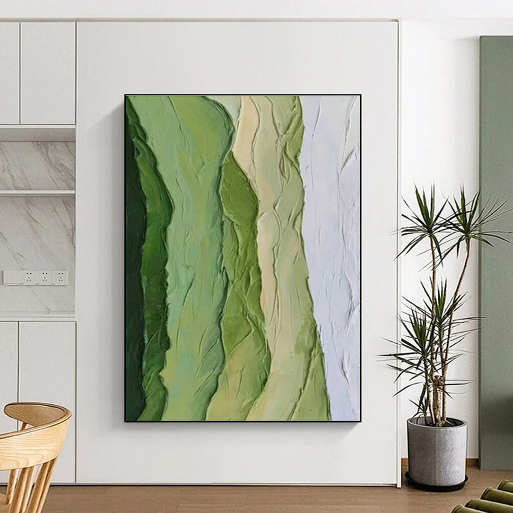 “Green Textured Ridges” - Green, White, Beige Abstract Textured Painting On Canvas PS0634