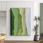 “Green Textured Ridges” - Green, White, Beige Abstract Textured Painting On Canvas PS0634