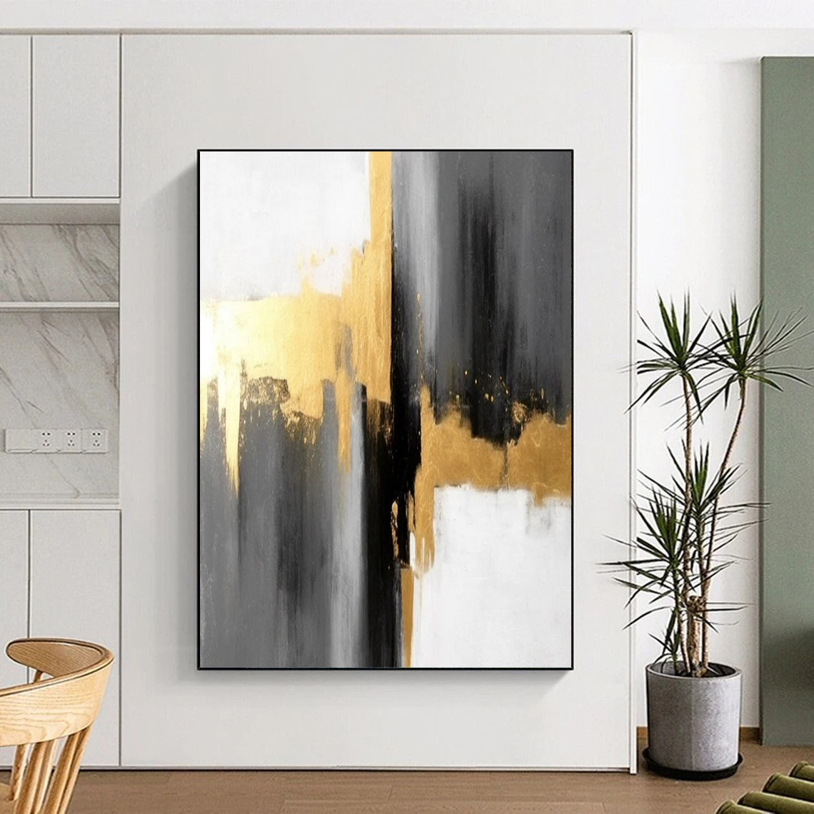 Gray - Gold Abstract Geometry Textured Painting On Canvas DS076