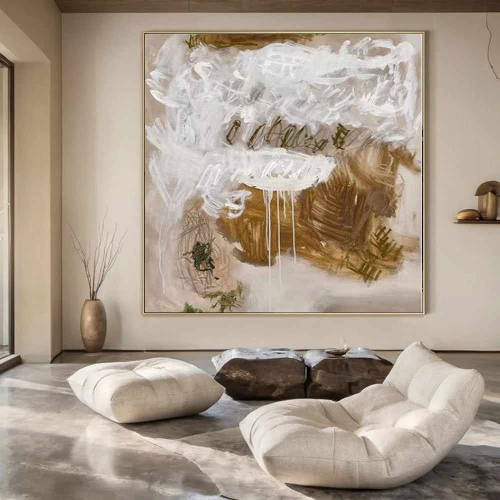 Abstract White and Brown "Expressive Drips" Abstract Expressionist Painting On Canvas PS1085