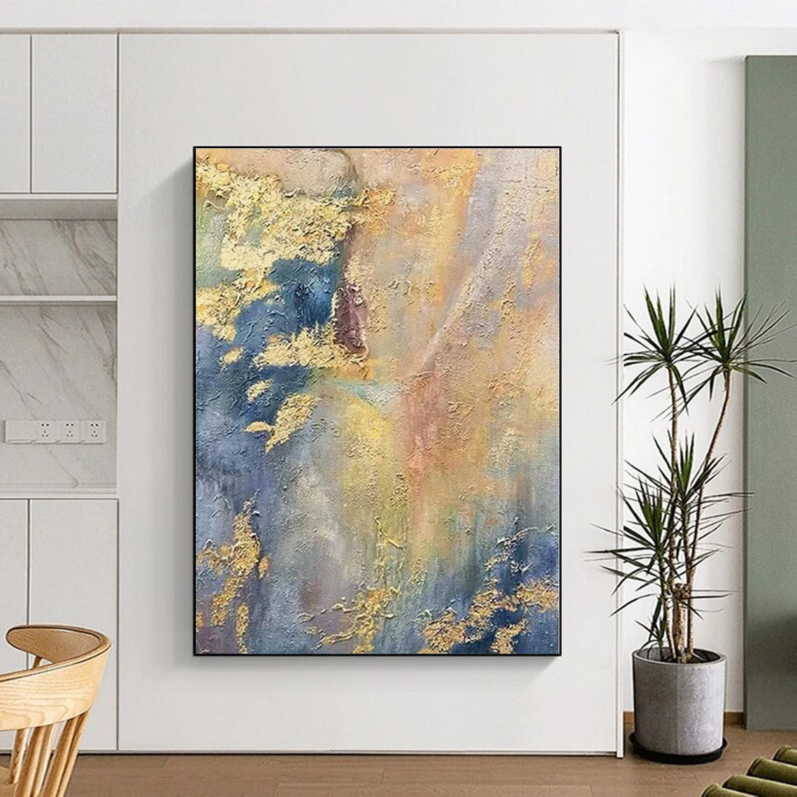 “Gold - Blue - Yellow Textured Abstraction” - Gold, Blue, Yellow Abstract Textured Painting On Canvas PS0582