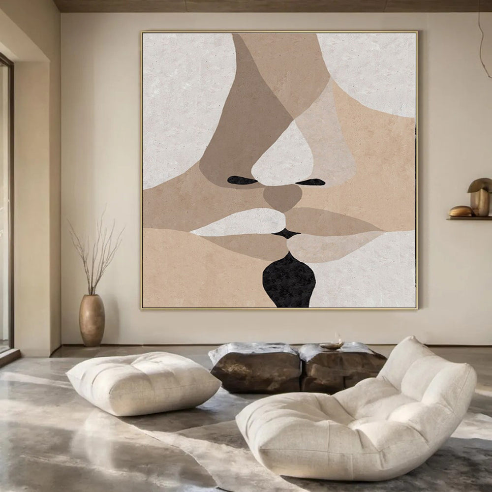 Beige, Brown, White and Black with Layered Facial Forms "Intimate Fusion" Abstract Painting On Canvas PS1157