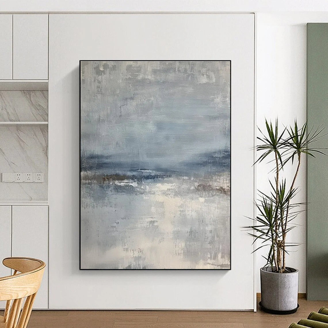 Blue, Gray & White Abstract Landscape "Misty Coast" Painting On Canvas PS0860