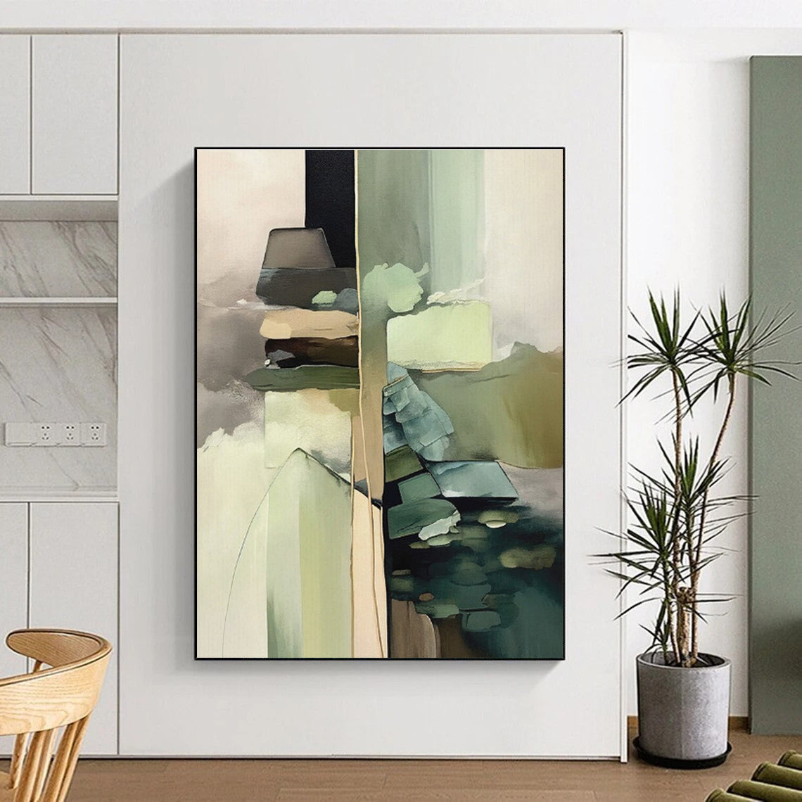 “Green - Neutral Abstract Layers” - Green, Neutral Tones Abstract Expressionist Painting On Canvas PS0743