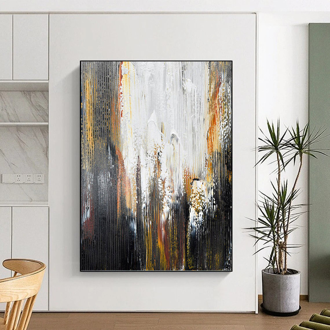 “Grey - White - Gold Abstract Streaks” - Abstract Expressionist Painting On Canvas PT1229