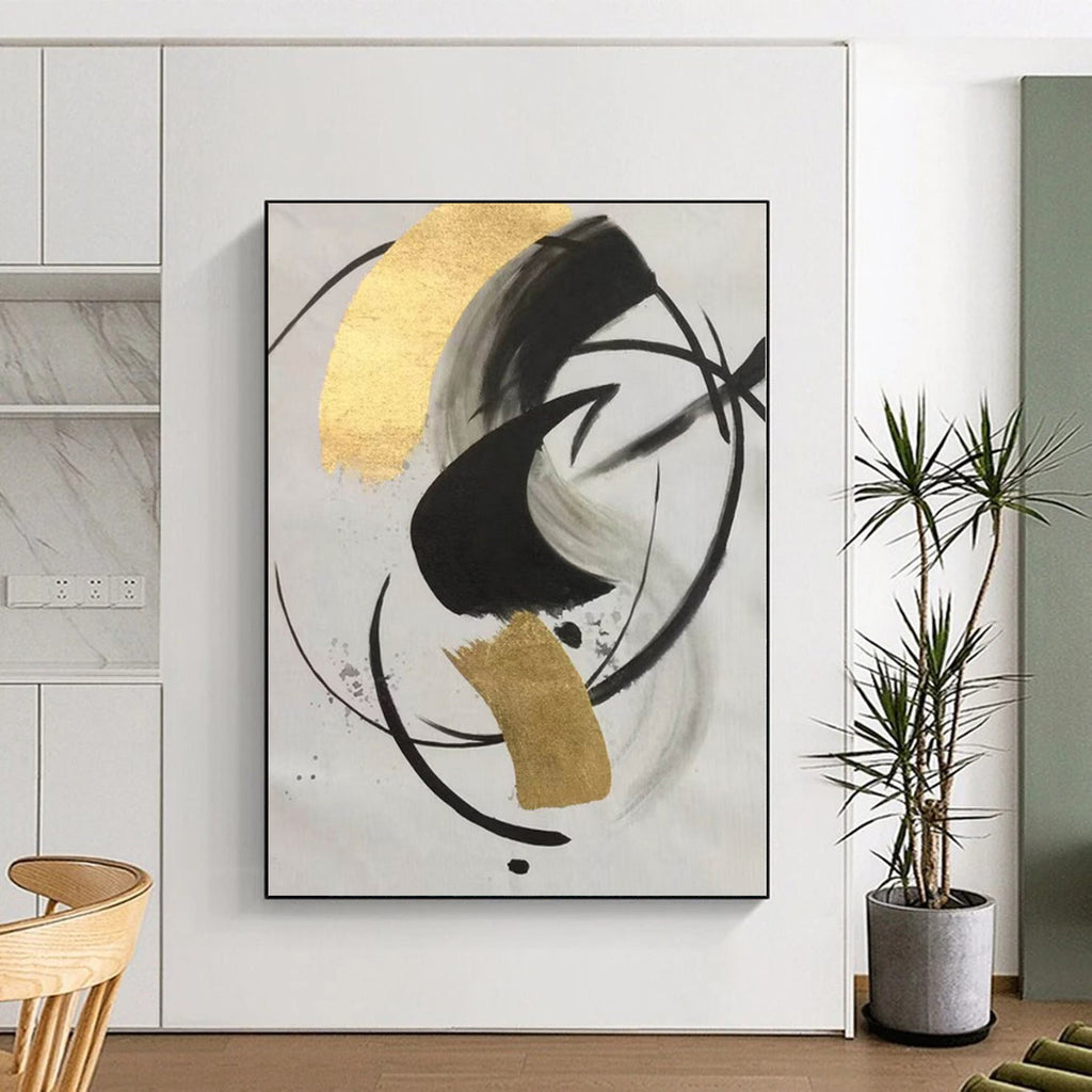 “Black - Gold Abstract Circular Shapes” - Minimalist Abstract Painting On Canvas PS0293