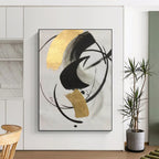“Black - Gold Abstract Circular Shapes” - Minimalist Abstract Painting On Canvas PS0293
