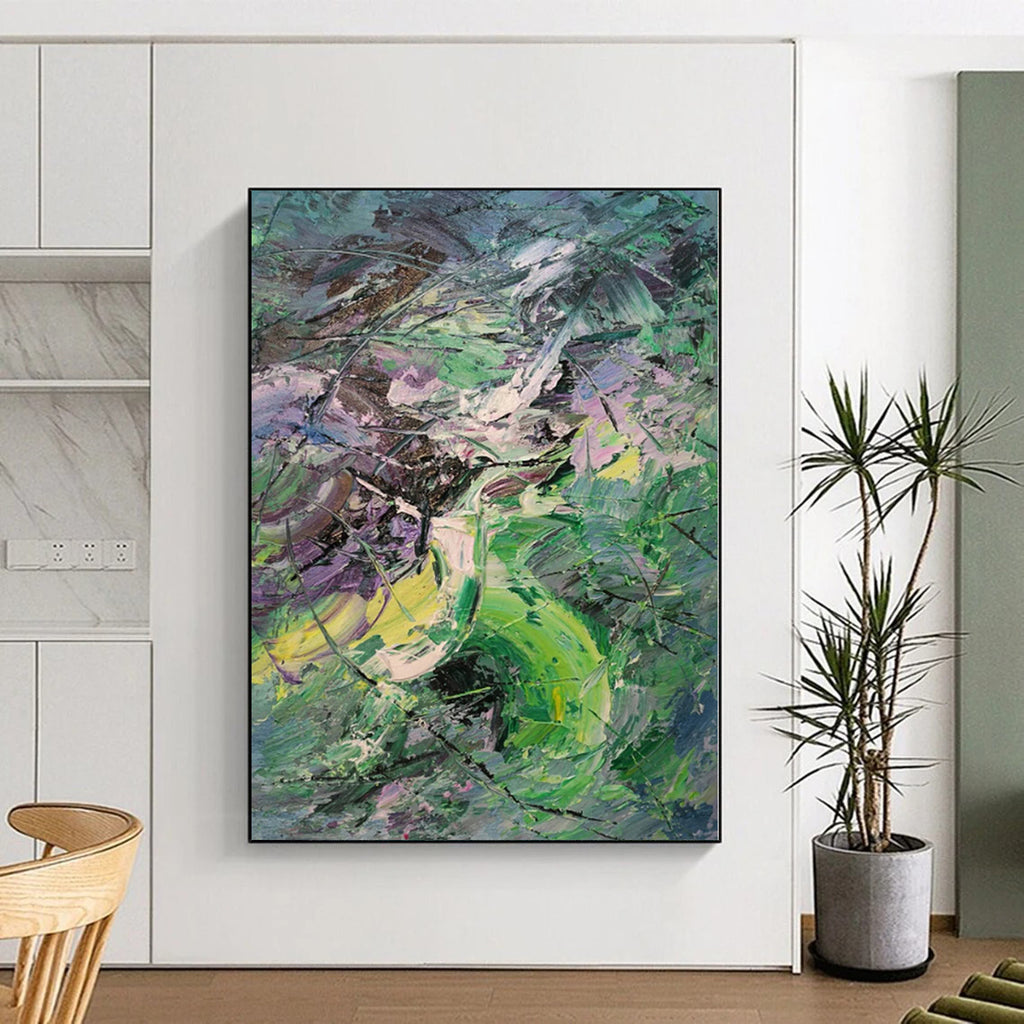 “Green - Purple Abstract Energetic Strokes” - Vivid Abstract Painting On Canvas PS0353