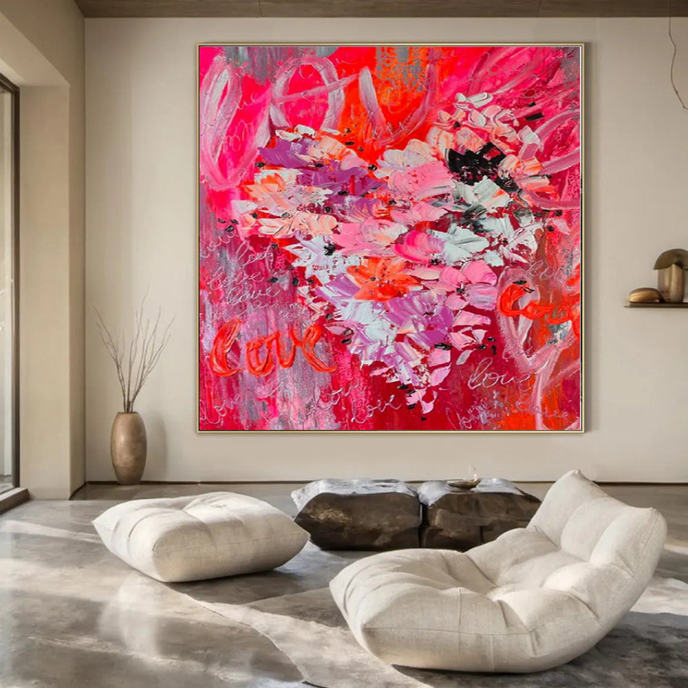 Pink, Purple, White with Floral and “Love” Motifs "Blush Love Bouquet" Romantic Painting On Canvas PS1197