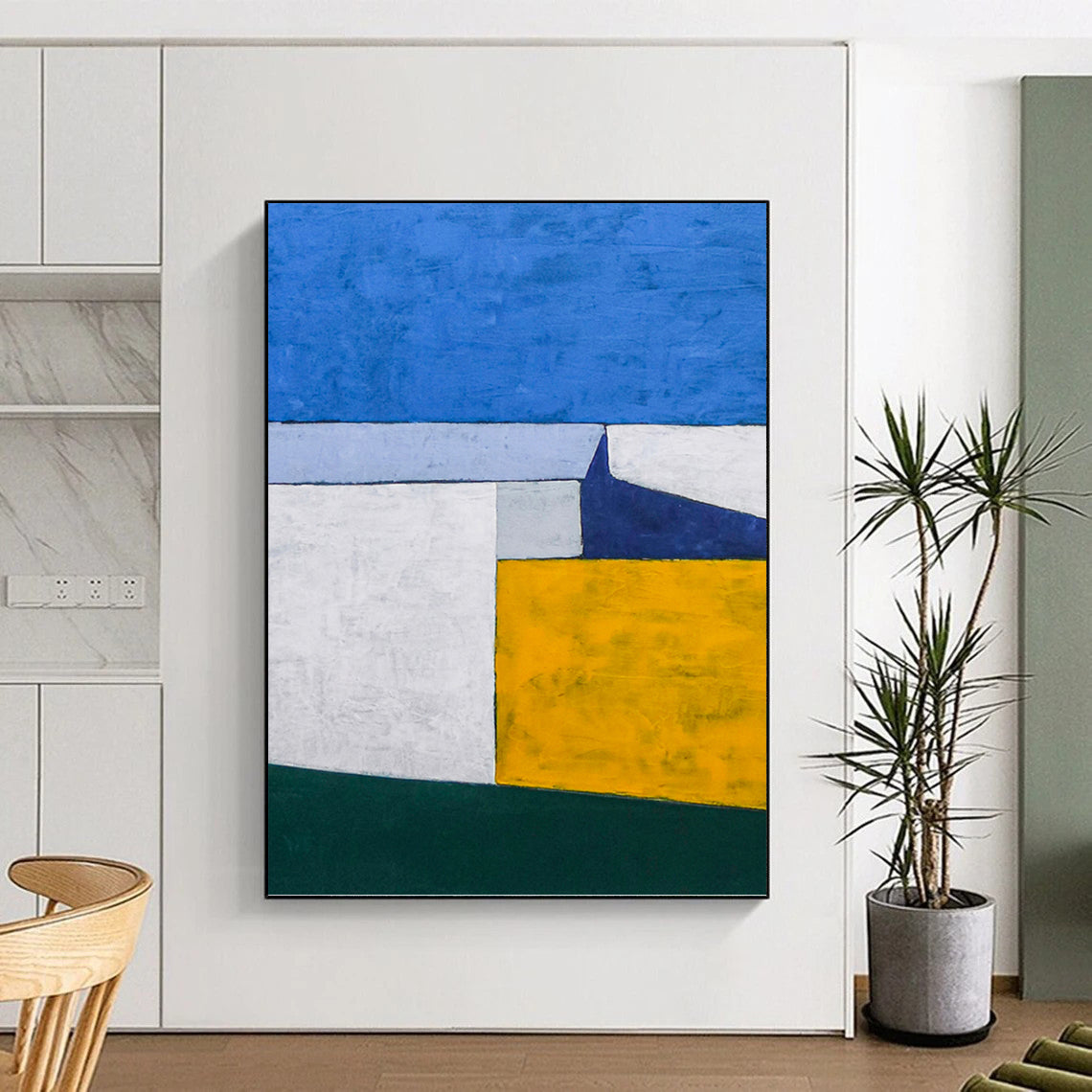 “Blue - Yellow Geometric Blocks” - Clean Lines Abstract Painting On Canvas PT1095