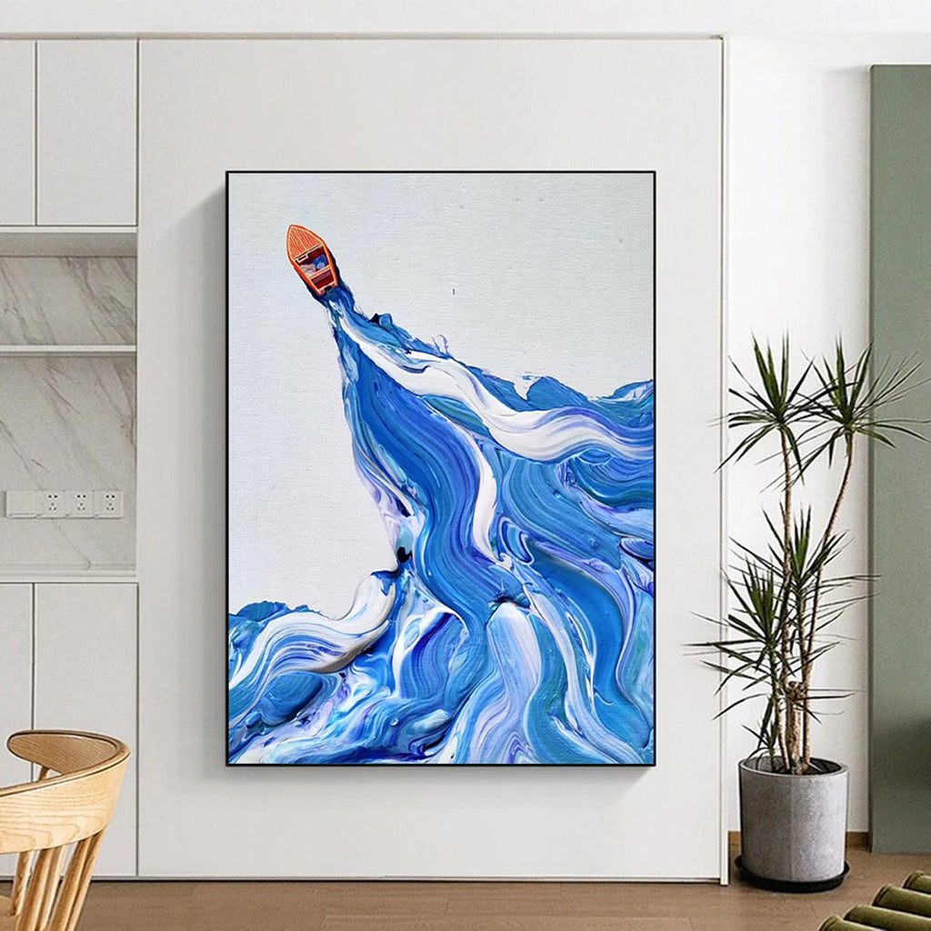 “Blue and White Wave with Orange Boat” - Dynamic Sea Scene Painting On Canvas DS321