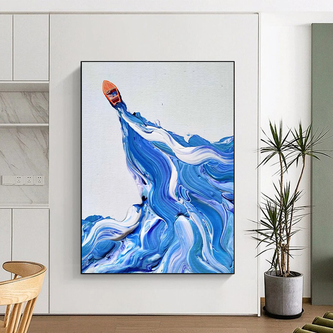 “Blue and White Wave with Orange Boat” - Dynamic Sea Scene Painting On Canvas DS321