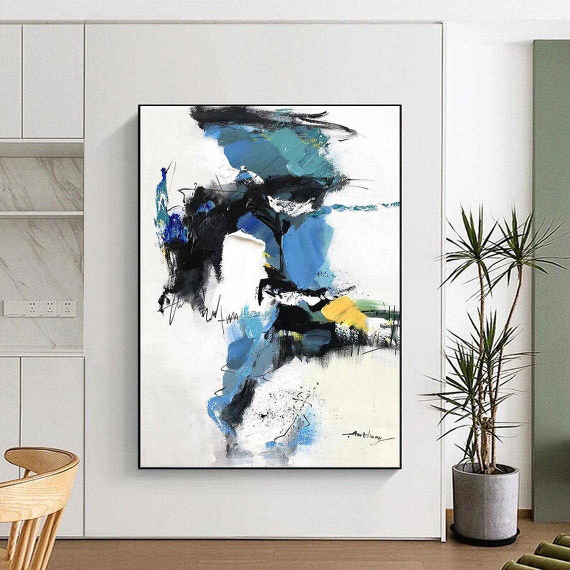 Blue - Black - White Abstract Splash, Echoing Willem de Kooning's Style, Painting On Canvas PT2085