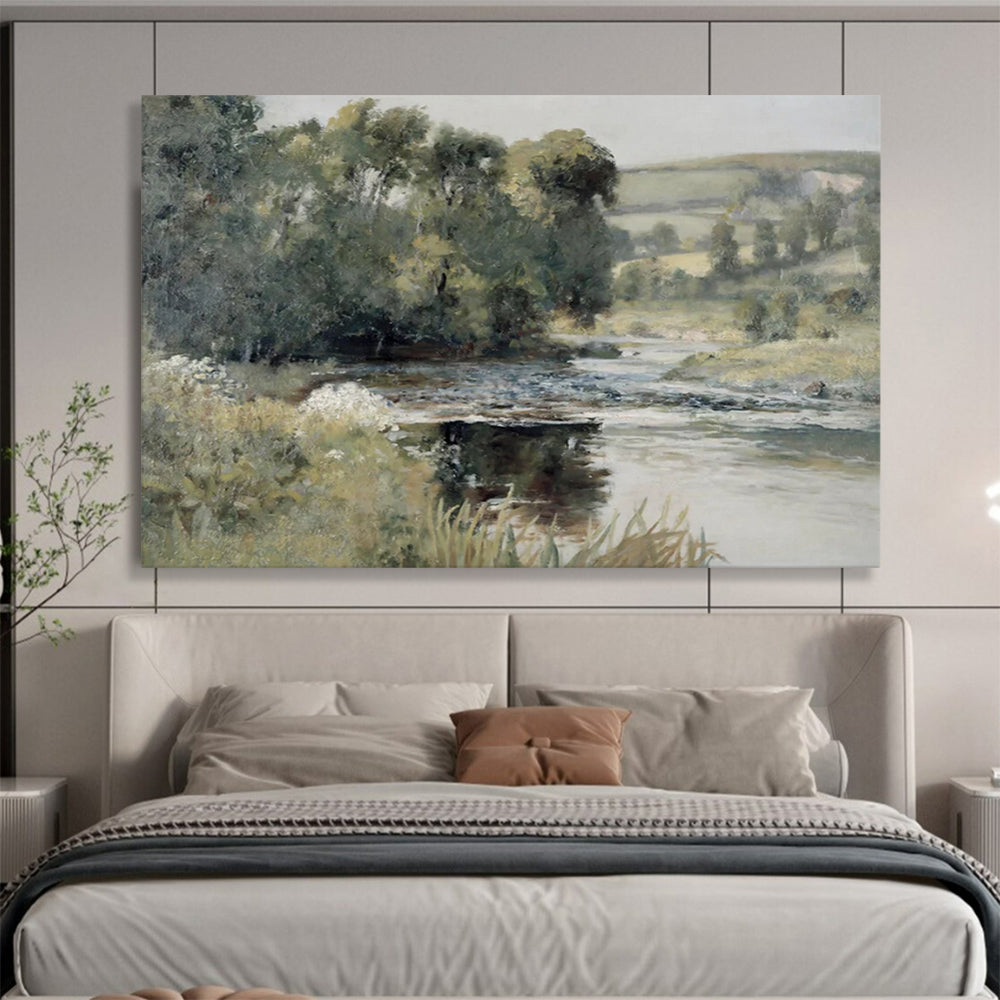 “Riverbank in Soft Greens” - Impressionistic Oil Painting on Canvas PT1489