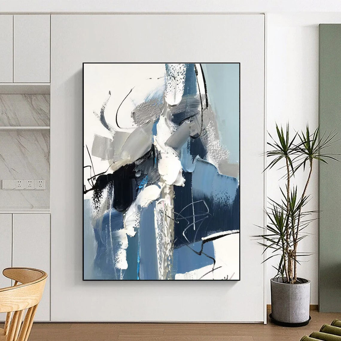 “Blue - Gray Abstract Composition” - Blue, Gray, White Abstract Expressionist Painting PS0771
